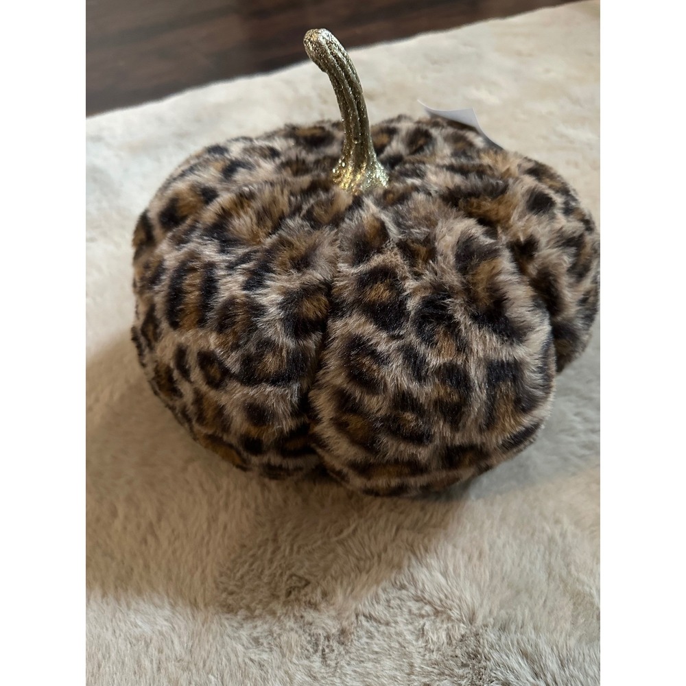 Rachel Zoe Faux Fur Leopard Print Pumpkin Gold Glitter Stem Fall Decor NWT - Picture 2 of 3